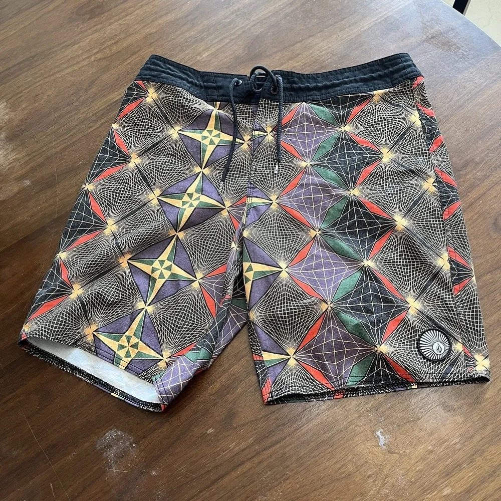 Volcom Swim Shorts Mens 31 Psychedelic Geometric Mod Board Trunks Y2K Surf Skate